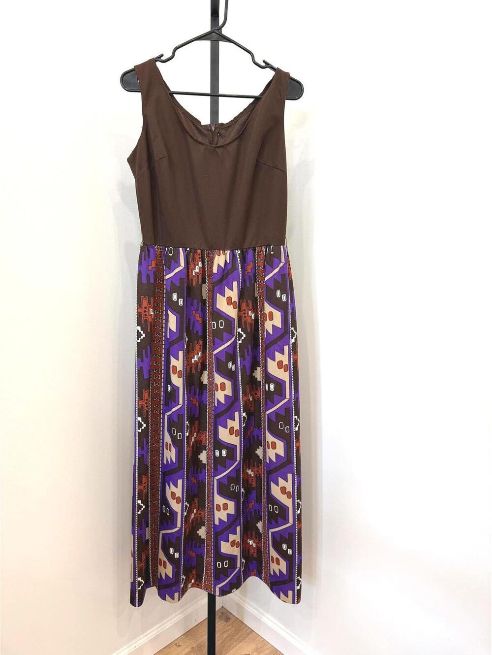 70s Women's Sleeveless Brown and Purple Patterned Maxi Dress
